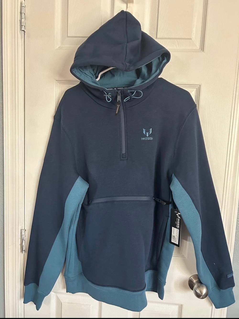 Mossy Men's Navy and Teal Half-Zip Hooded Sweater